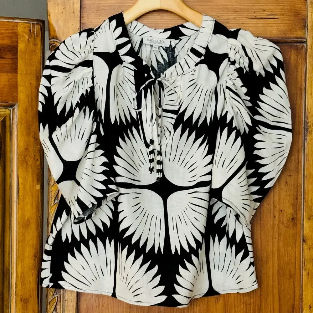 Rachel Zoe Black White Linen Blend Puff Sleeve Boho Blouse Top Womens Sz XS NWOT